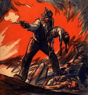 Cover from the monthly publication The Masses, June of 1914, fancifully drawn by John French Sloan. The artwork illustrated a Ludlow Massacre article by Max Eastman entitled "Class War In Colorado."