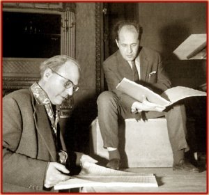 Olivier Messiaen assieme a Pierre Boulez. Due sommi compositori contemporanei.