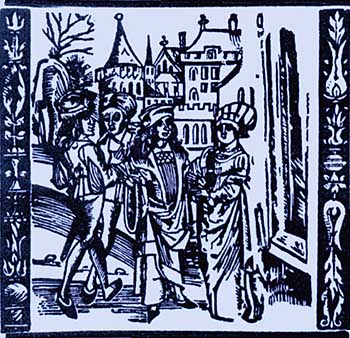 Riccardo dona alla sposa Cassandra il Morgengab. Illustrazione cinquecentesca da Von gûten unnd bösen Nachbauren ("Dei buoni e dei cattivi vicini") di Georg Wickram, 1505-1562.