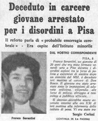 La notizia della morte di Serantini come presentata dal Telegrafo nell’edizione pisana dell’8 maggio 1972. Telegrafo, Nazione, la stampa del padrone… (Alfredo Bandelli).