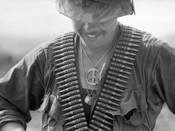 Peace pin on american soldier in Vietnam