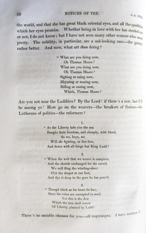 Il Canto dei Luddisti nell'edizione originale dei Journals and Diaries of Lord Byron di Thomas Moore (1830)