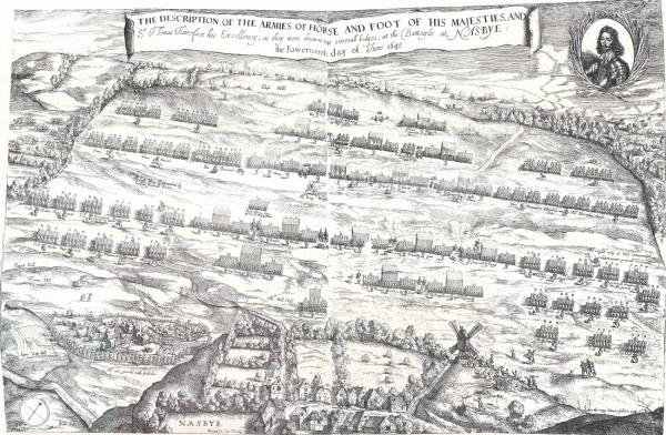 Guerre civili ‎inglesi. Battaglia di Naseby, Northamptonshire, 14 giugno 1645. Le truppe di Carlo I furono ‎spazzate via dalla “New Model Army” di Sir Thomas Fairfax, detto “Black Tom”, ed Oliver ‎Cromwell, detto “Old Ironsides”.‎