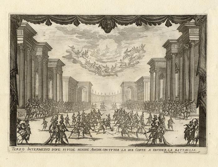 Jacques Callot (1592-1635): Terzo intermedio dove si vide venire Amore con tutta la sua corte a divider la battaglia.