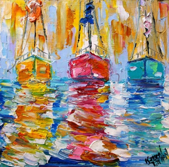 Karen Tharlton, Harbor Boats Three, olio su tela, 2014.