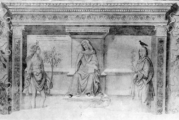 Il giudice fra la verità e la bugia. Affresco monocromo attribuito a Francesco Tamagni (1492-1530). San Gimignano (Siena), Palazzo del Popolo.