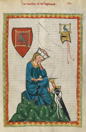 Walther seduto sulla pietra. Dal Codex Manesse (XIV s.), f. 124 r.