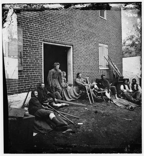 Wounded soldiers from the battles in the "Wilderness" at Fredericksburg, Virginia, May 1864
