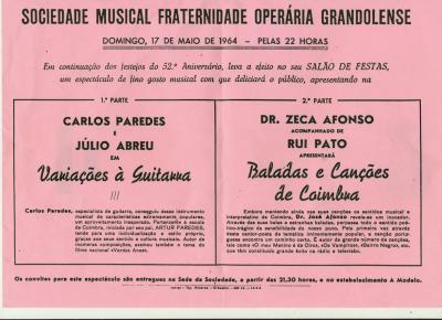 17 maggio 1964: La locandina dello spettacolo presso la Sociedade Musical Grandolense.